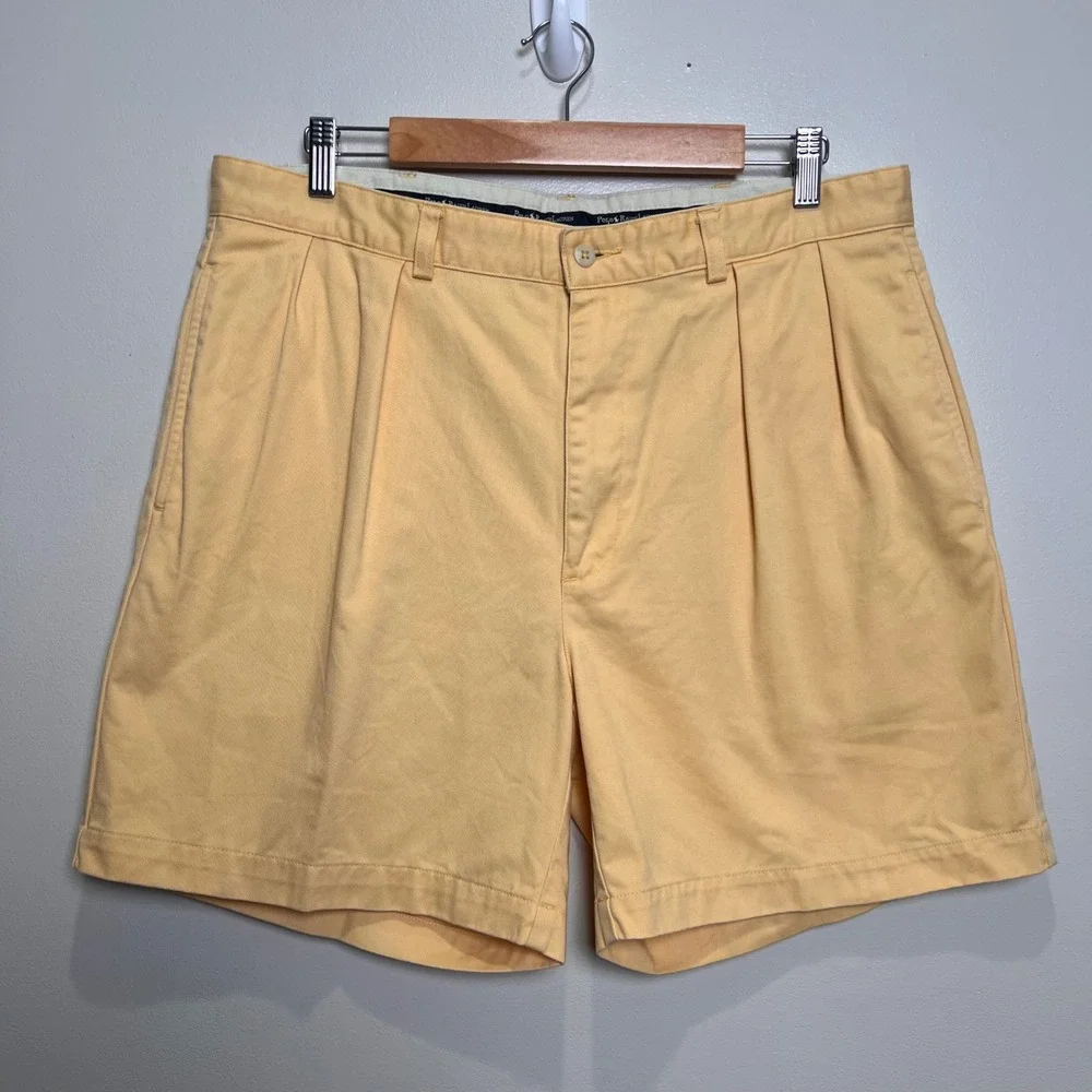 Polo Ralph Lauren Polo Chino Shorts Pleated Cotton Mens 34* Yellow Solid Preppy